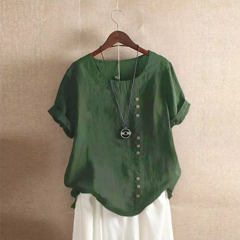 Women's 2023 Spring-Summer Casual Short Sleeve Tunic Tops Ruffle Button Loose Blouse T-Shirts