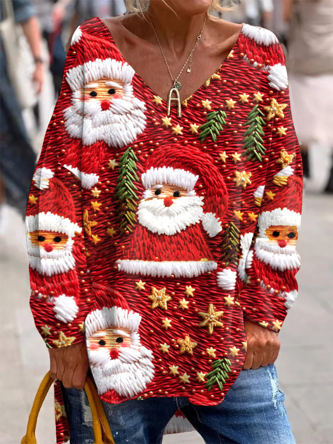 Women's Santa Print French Cashmere V-Neck Top