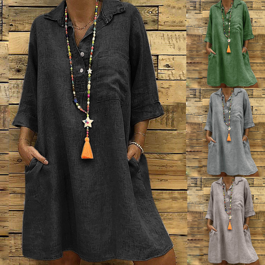Women's Loose Three Quarter Sleeve Shirt Collar Dress